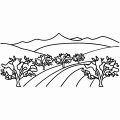 Fototapeta premium Illustration shows olive orchard with distant mountains, beautifully contoured in black lines, capturing scenic beauty.
