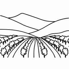 Line art of olive orchard with distant mountains showcasing landscape view. Olive orchard art in black and white depicts idyllic scenery with mountains in distance.