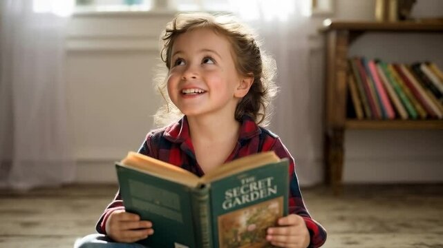 Adorable little girl sits on floor reading classic book called The Secret Garden, smiling and looking at the camera