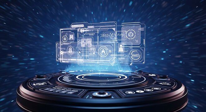 Holographic interface display on a futuristic, circular platform, showcasing complex data visualizations.