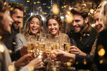 Party woman smiles at celebration with gold balloons and confetti. Festive crowd enjoys event with lights and champagne in background. Perfect for holiday or success themes.