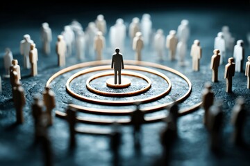 Central figure in concentric circle of people. Conceptual symbol of leadership, organization, and corporate influence.