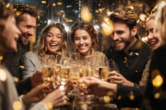 Party woman smiles at celebration with gold balloons and confetti. Festive crowd enjoys event with lights and champagne in background. Perfect for holiday or success themes. - Powered by Adobe