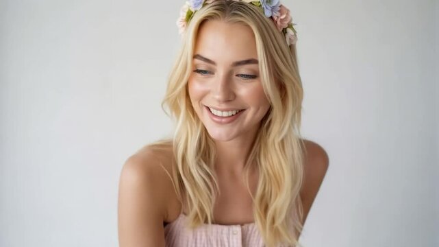 Smiling blonde woman presents a smartphone with Hello World on the screen, a modern lifestyle shot.