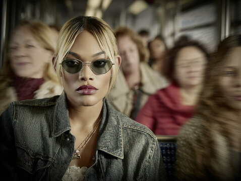 Fashionable Woman Wearing Sunglasses on a Crowded Subway Ride
