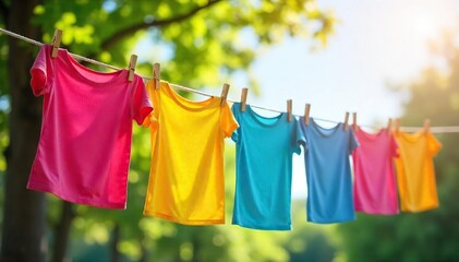 Summer Sunshine Fresh Laundry Billowing on a Clothesline, Idyllic Outdoor Scene