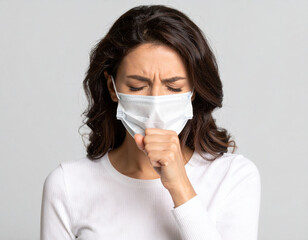 Woman Wearing a Face Mask Coughing, Close-Up Portrait