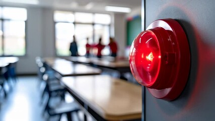A bright red fire alarm urgently flashes in a classroom filled with students diligently studying at their desks during the daytime hours at the local Public School, creating a potentially distracting 