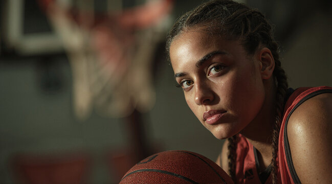 Intense focus of a basketball player with braided hair, holding a ball in a gym setting. Determination shines through her piercing gaze.