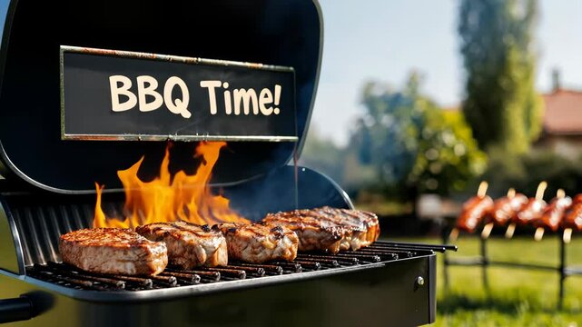 Juicy grilled steaks on backyard barbecue with bbq time sign amidst lush greenery