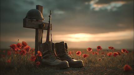 Wooden cross with military equipment and boots, commemorating fallen soldiers in a poppy field at sunset.
