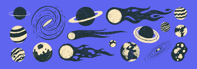 Graphic crayon drawn planets and comets collection. Childish funky cosmic icons with pencil texture on blue bg. Doodle outer space cosmic icons set.