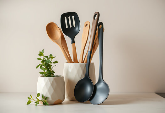 Modern kitchen utensils including spatula and spoons in ceramic holders with fresh greenery
