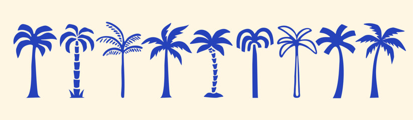 Vector graphic with a set of stylized palm trees, perfect for a tropical, beach, or vacation-themed design. © cddesign.co