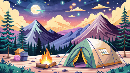 Nighttime Mountain Camping Scene with Tent and Stars Adventure Style