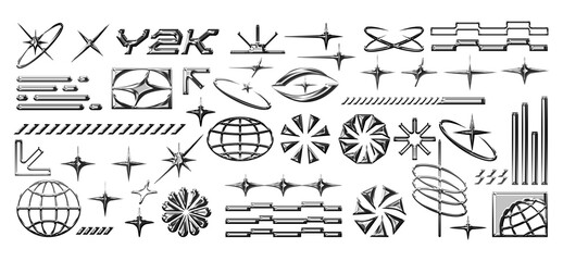 Retro-futuristic Y2K chrome shape set with abstract icons, globes, stars, grids, and tech-inspired elements. Perfect for digital design, posters, and streetwear graphics. © cddesign.co
