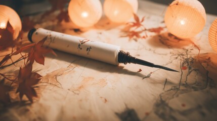 An ink brush and aged parchment with scattered maple leaves, evoking scholarly nostalgia under soft lantern light.