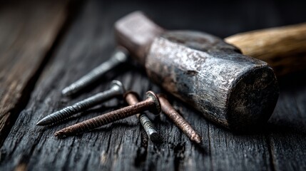 Hammer and metal nails placed on a black wooden surface, close-up detail