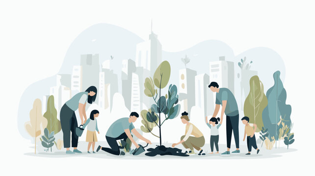 Family planting a young tree in an urban environment, surrounded by greenery and buildings, promoting eco-friendly lifestyle and sustainable practices for future generations