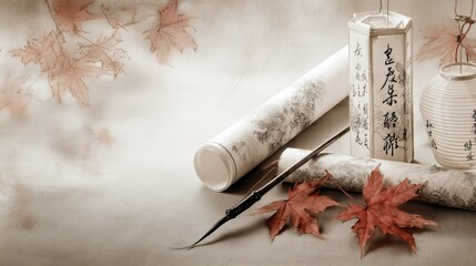 An ink brush and aged parchment with scattered maple leaves, evoking scholarly nostalgia under soft lantern light.