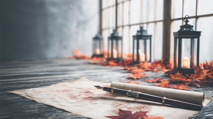 An ink brush and aged parchment with scattered maple leaves, evoking scholarly nostalgia under soft lantern light.