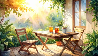 Obraz premium ミニマルな水彩タッチで描かれた木製テラスの一角、素朴なテーブルの上に置かれたアイスティーと植物の影が映える朝の光景