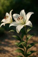 Fototapeta premium Elegant white lilies in sunlit garden environment