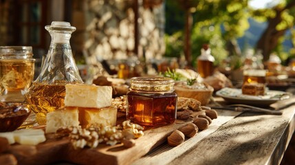 Outdoor table setting with honey, cheese, and nuts in a rustic style