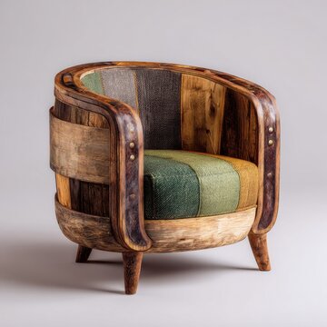 Unique armchair design made from reclaimed wood and repurposed materials featuring rustic aesthetic and comfortable, upholstered cushions.