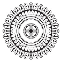 Intricate black and white circular mandala design featuring repeating petal like shapes and geometric patterns on a clean white background