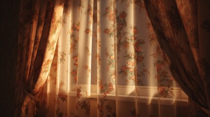 Obraz premium Warm sunlight streams through vintage floral curtains, casting soft shadows and a sense of tranquil elegance. A cozy, inviting ambiance.
