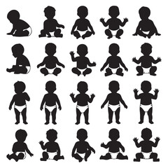 Collection of black silhouette baby figures in various sitting and standing poses wearing diapers on a white background