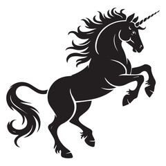 Majestic black silhouette of a rearing unicorn with flowing mane and tail against a white background