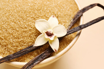 Bowl of vanilla sugar with pods and flower on beige background, closeup