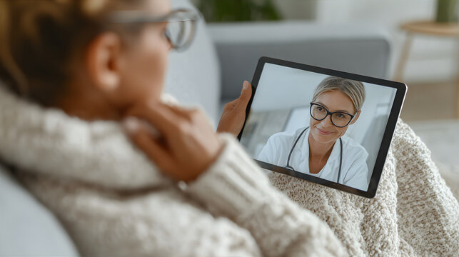 Woman on couch having online consultation with female doctor via tablet. Telemedicine service for patient care.