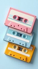 Fototapeta premium Colorful vintage cassette tapes stacked on a light blue surface, representing nostalgia and music, concept of audio services or music stores