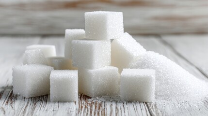 Sugar cubes on a white wooden surface, close-up view
