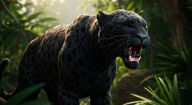 Black panther growling in a lush jungle environment  
