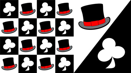 Magician Top Hat and Three Leaf Clover Club Symbol Pattern on Black and White Background