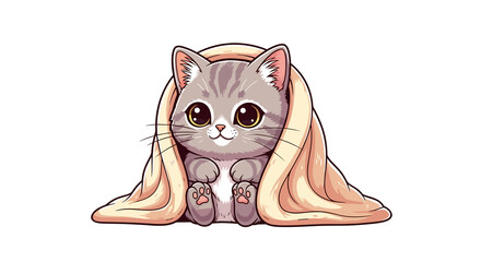 Cute kitten sitting warm and snug underneath a cozy winter blanket - isolated white background chibi illustration