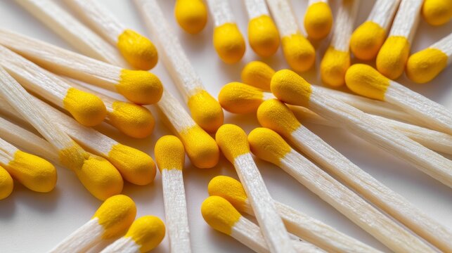 Yellow-tipped matches spread on a white surface
