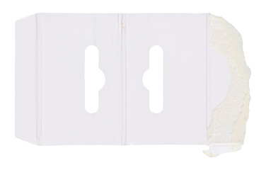 White torn fragment of cardboard box, isolated piece of carton, paper scrapbooking design element