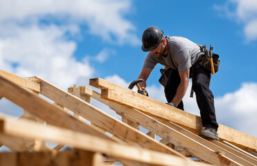 An engineer working on the roof of an unfinished house, holding tools