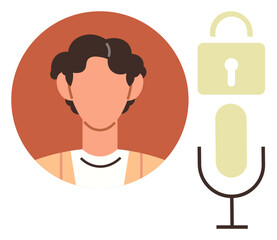 Stylized user portrait near microphone and lock signifies audio privacy and secure communication. Ideal for technology, security, privacy, confidentiality, podcasting, voice recognition, safe media