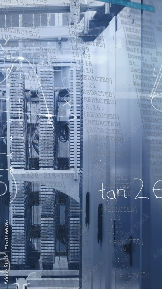 Poster animation of mathematical equations and data processing over server room