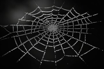 A spiderweb glistening with morning dew, intricate design, nature's artistry.