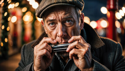 Man playing harmonica with bokeh lights background