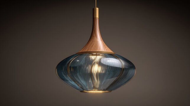 Contemporary Pendant Lamp: Blown glass shade with swirling details and light wood accent, provides both illumination and visual intrigue.