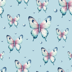 Seamless pattern with beautiful colorful butterflies. Watercolor hand drawn insect clipart isolated on background. Botanical and wedding illustration. Baby shower design elements. Party invitation