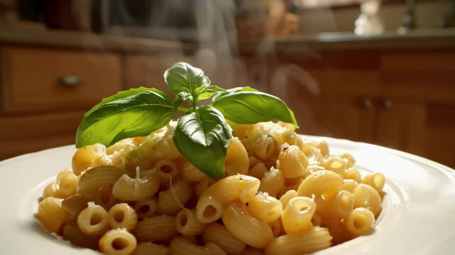 A steaming plate of macaroni and cheese topped with shredded cheese in a kitchen setting